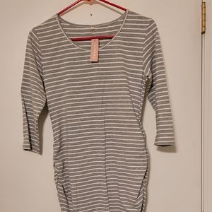 Gray Striped Ruched Side Maternity Dress